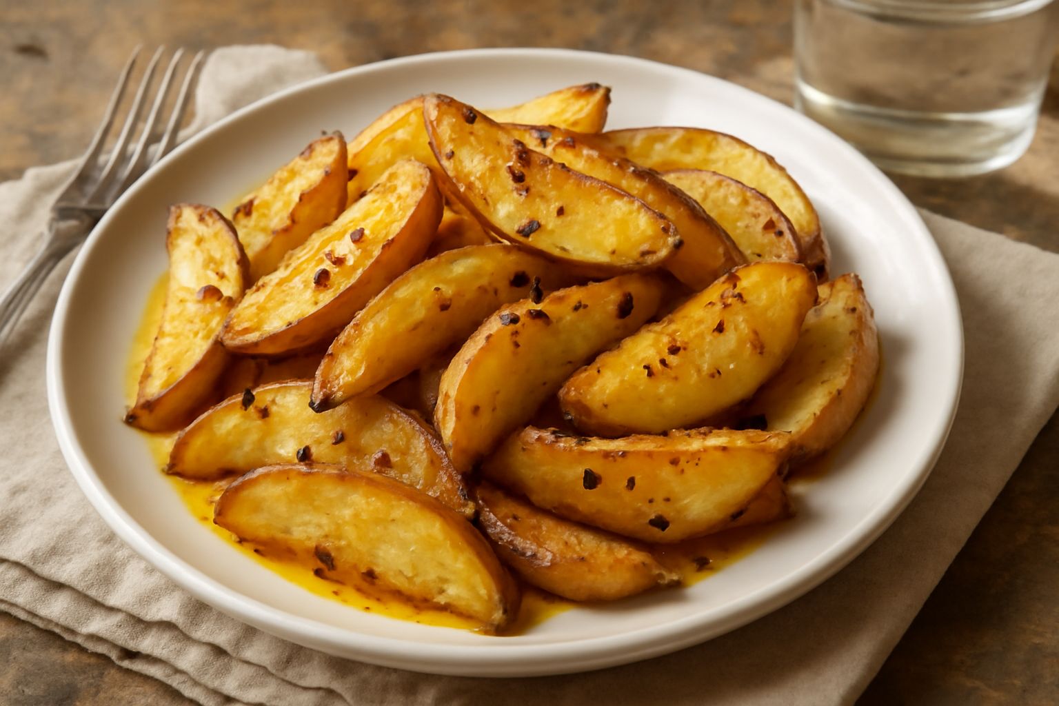 Patate dorate e croccanti in una teglia di ceramica, condite con aglio tagliato sottile, peperoncino rosso e olio lucido, con forchetta di legno accanto