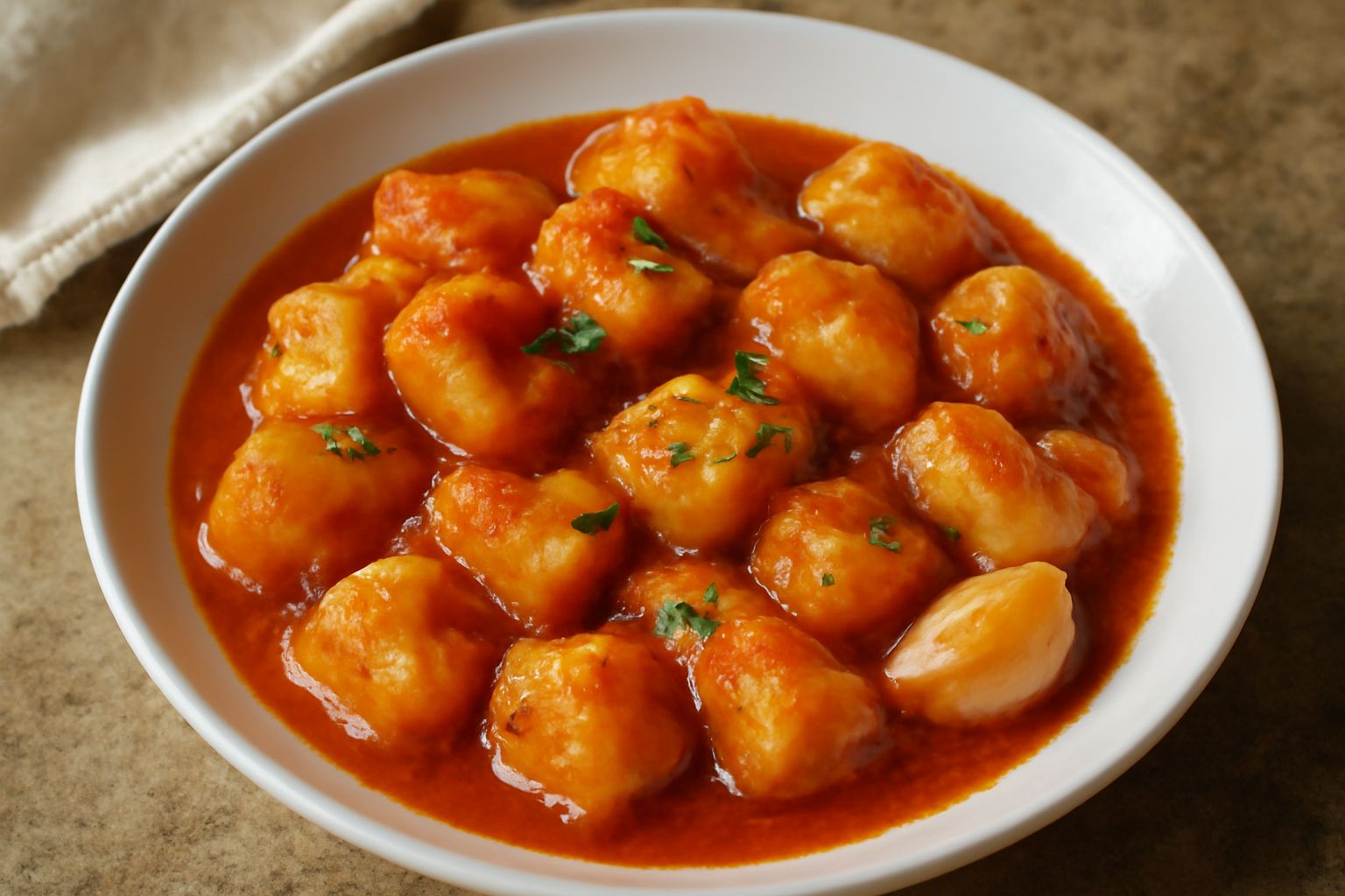 Patate morbide cotte in umido color marrone dorato, immerse in sugo di pomodoro rosso scuro, servite in un piatto bianco con prezzemolo fresco trinciato sopra e contorno di cipolla caramellata visibil