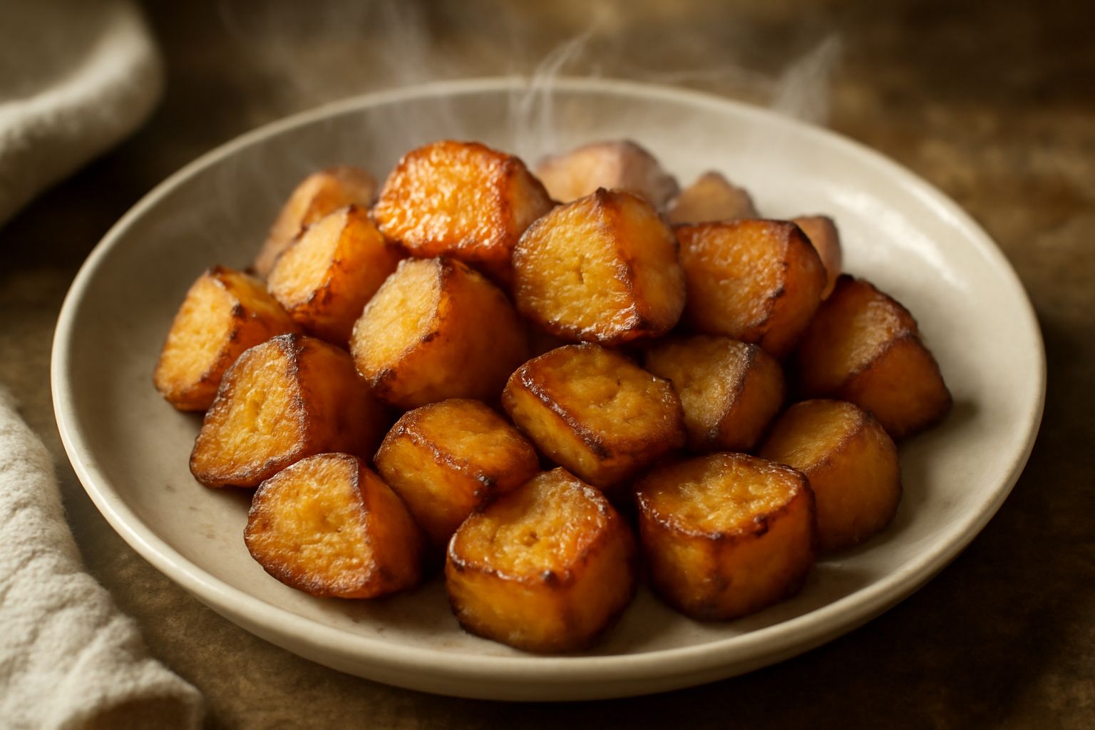 Patate affumicate dorate e fumanti in una ciotola di ceramica bianca, con uno strato leggero di fumo che sale, cosparse di pepe nero e sale grosso, su tavolo di legno naturale