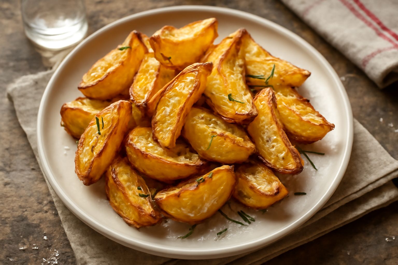 Patate tagliate a spicchi dorati e croccanti appena sfornate, leggermente oleate, in una teglia bianca, vapore che sale, con foglie di rosmarino fresco sparse