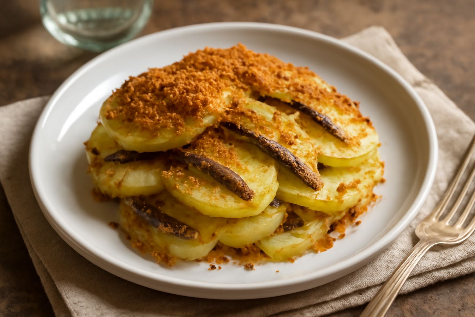 Patate dorate al forno disposte in teglia rettangolare, ricoperte di pangrattato croccante color nocciola, con filetti di acciuga visibili tra gli strati, gocce di olio lucido in superficie