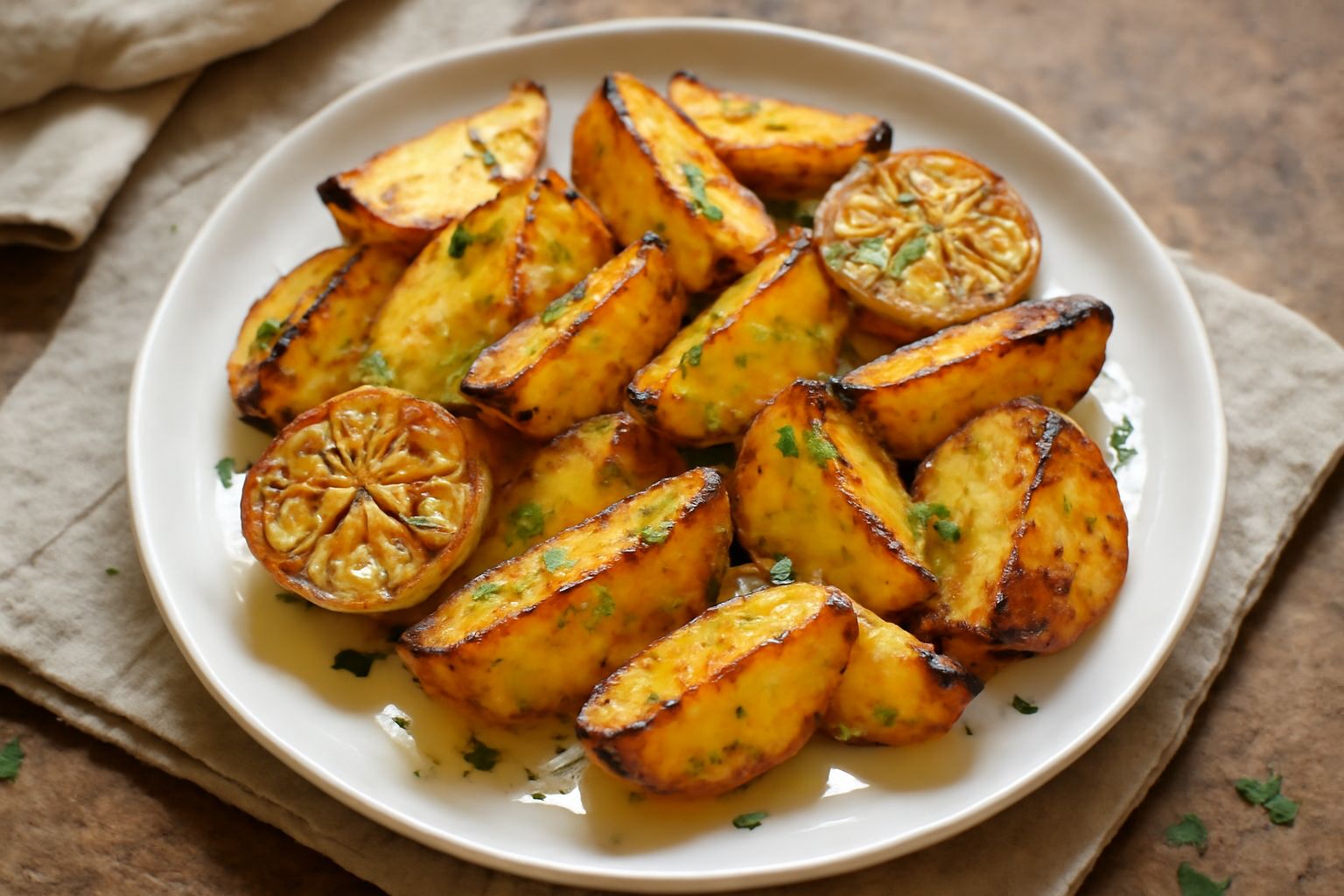 Patate al forno dorate e croccanti in una pirofila, cosparse di aglio fresco e rosmarino, olio lucido sulla superficie, servite su un piatto bianco con contorno di verde