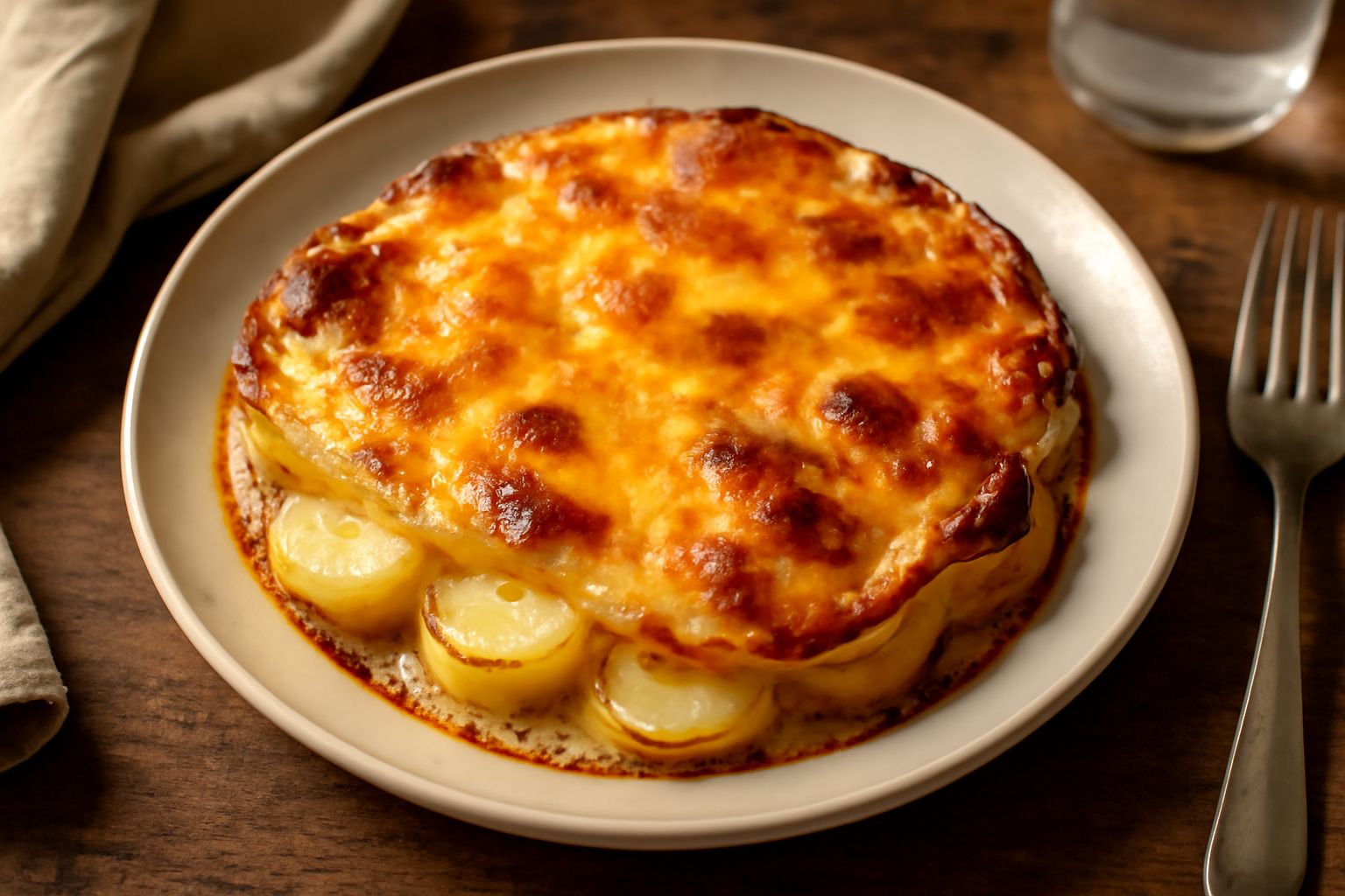Patate al forno con formaggio in una pirofila di ceramica bianca, strati alternati di patate dorate e formaggio fuso color oro, superficie croccante, contorno di prezzemolo fresco