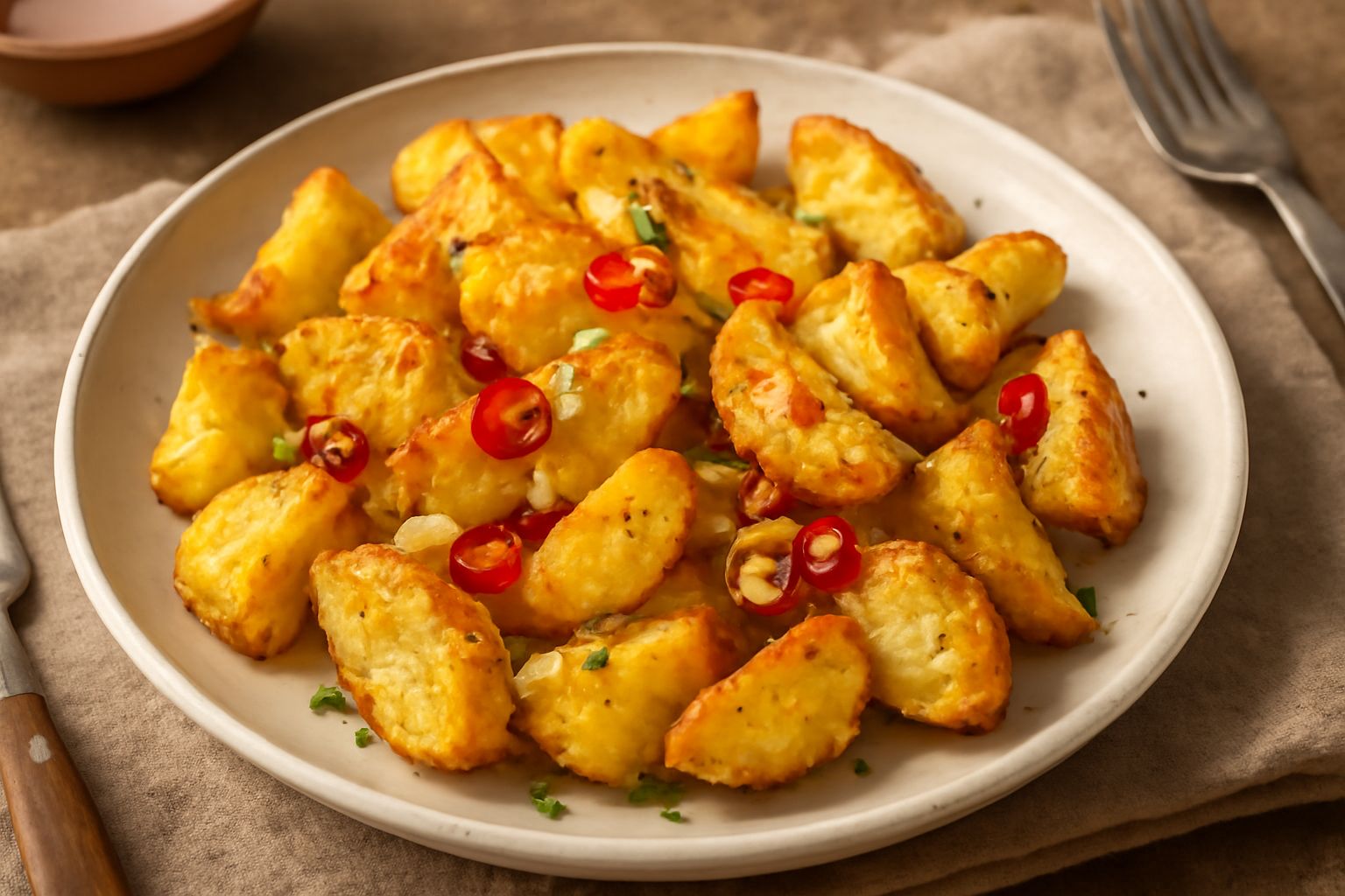 Patate tagliate a spicchi, dorate e croccanti, condite con aglio sottile e peperoncino rosso, servite in un piatto bianco con origano verde sparso in superficie