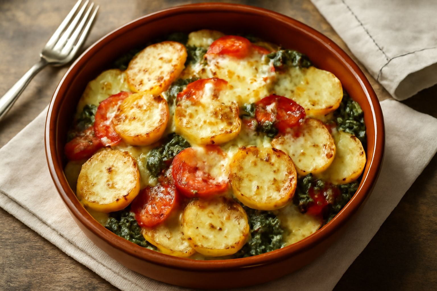 Patate alla molisana cotte in teglia: fette di patata dorate e morbide ricoperte di formaggio filante leggermente dorato, pomodori rossi e verdure, servite in una pirofila bianca su un tavolo rustico.