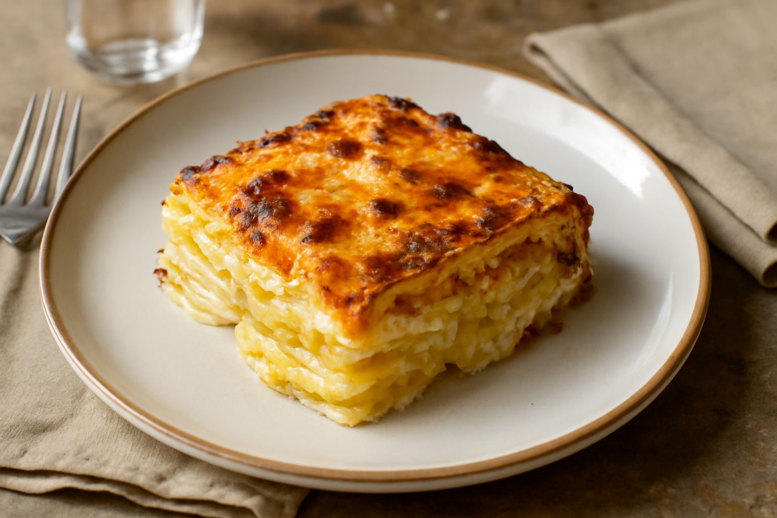 Teglia di patate alla parmigiana appena sfornate, con superficie dorata e croccante, strati visibili dai bordi, besciamella che affiora leggera dal bordo, parmigiano grattugiato sparso sulla parte alt