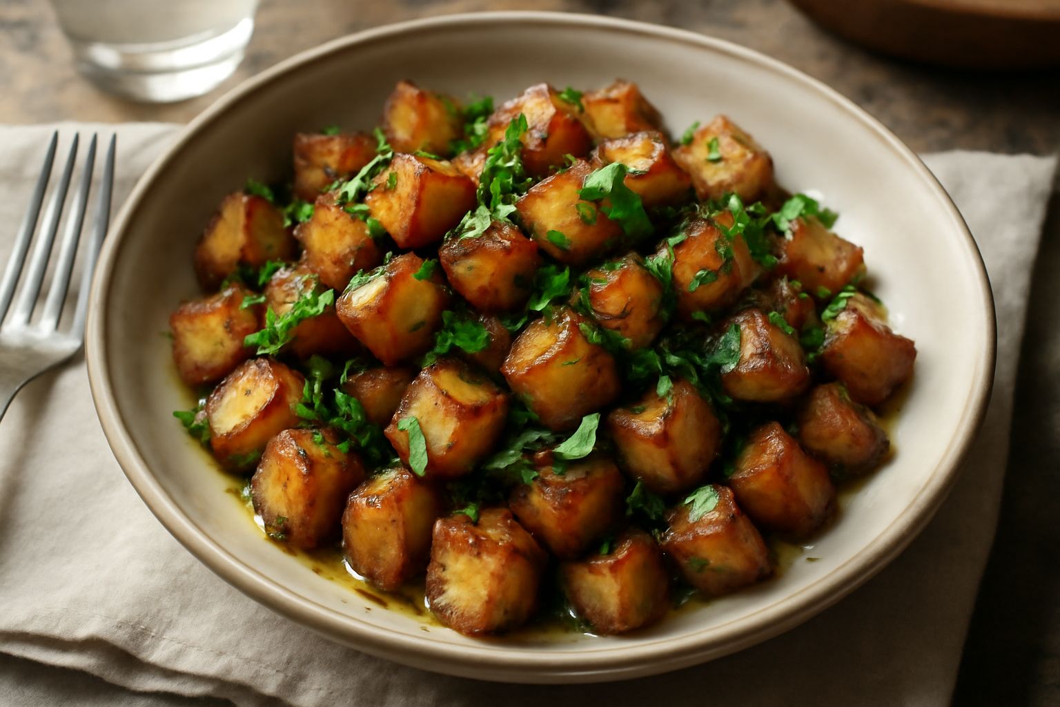 Patate tagliate a dadini, dorate e croccanti in una ciotola di terracotta, cosparse di prezzemolo fresco verde e aglio, con gocce d'olio d'oliva visibili sulla superficie