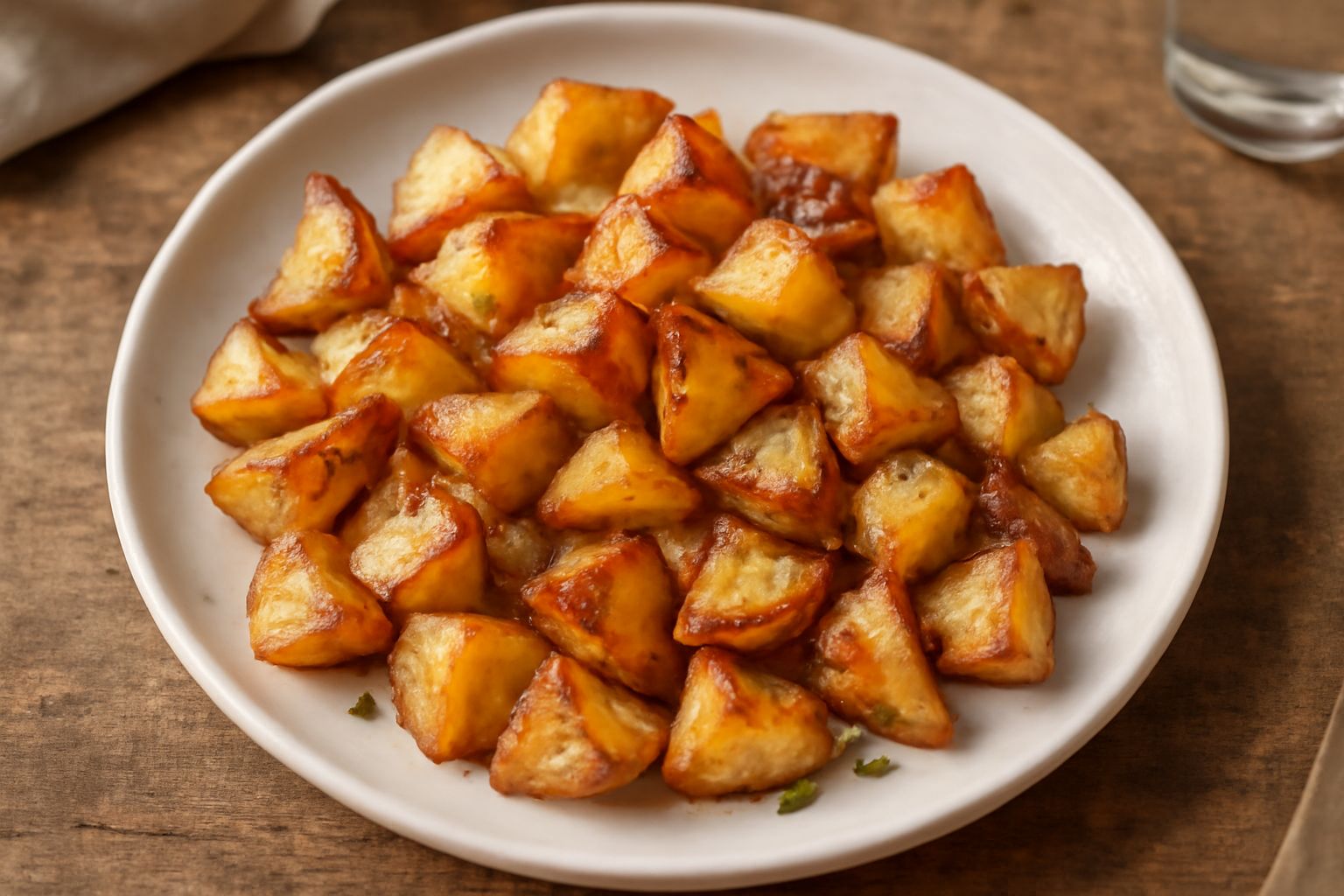 Patate arrostite dorate e croccanti in una teglia di alluminio, spruzzate di prezzemolo fresco, con buccia caramellata e parti fragranti