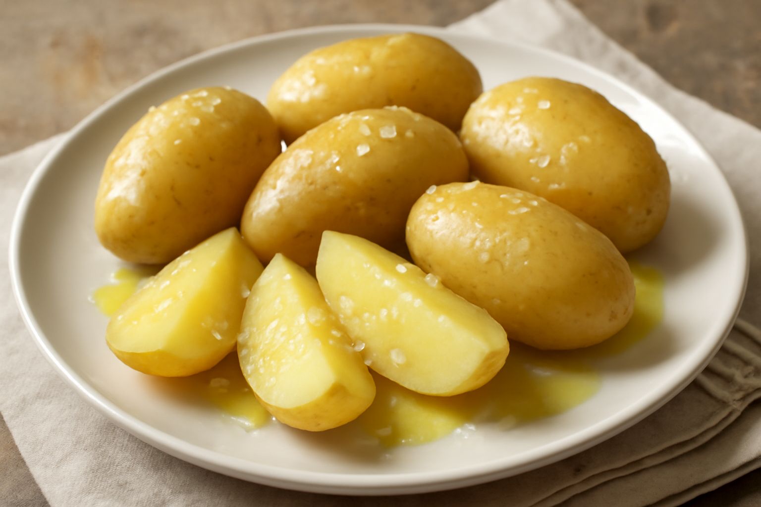 Patate gialle bollite intere con buccia ancora umida, sgusciate e tagliate a spicchi in un piatto bianco, cosparse di sale marino grosso e prezzemolo fresco tritato