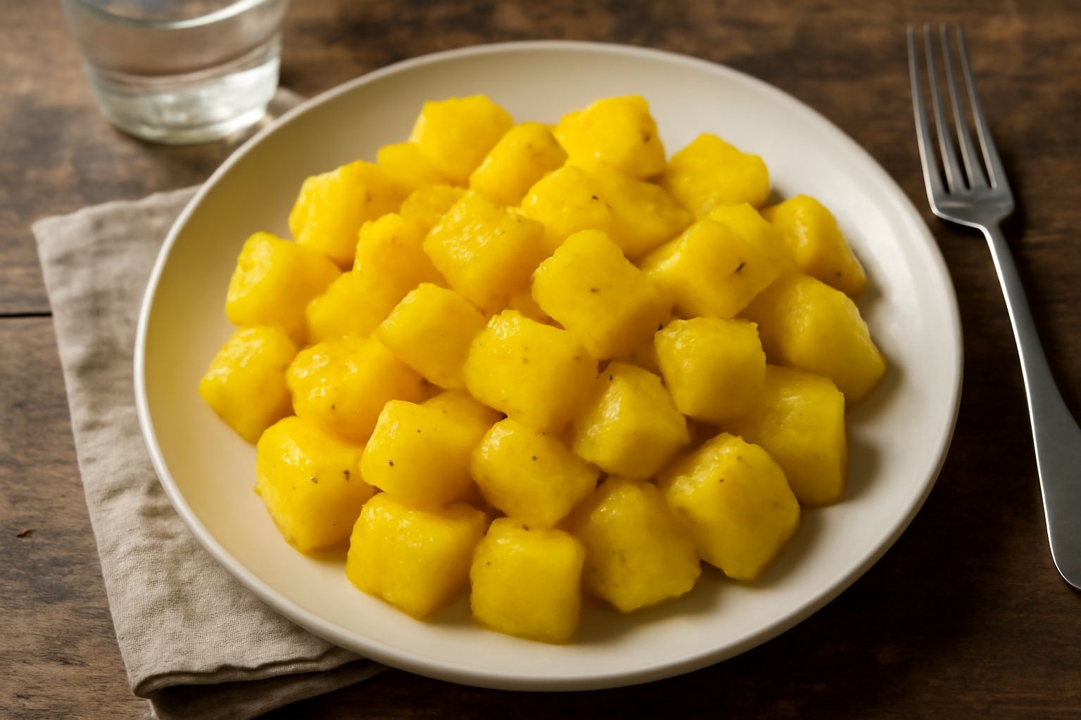 Patate bollite tagliate a cubetti, dorate dal colore dello zafferano, in un piatto bianco con un filo di olio d'oliva e una spolverata di prezzemolo fresco