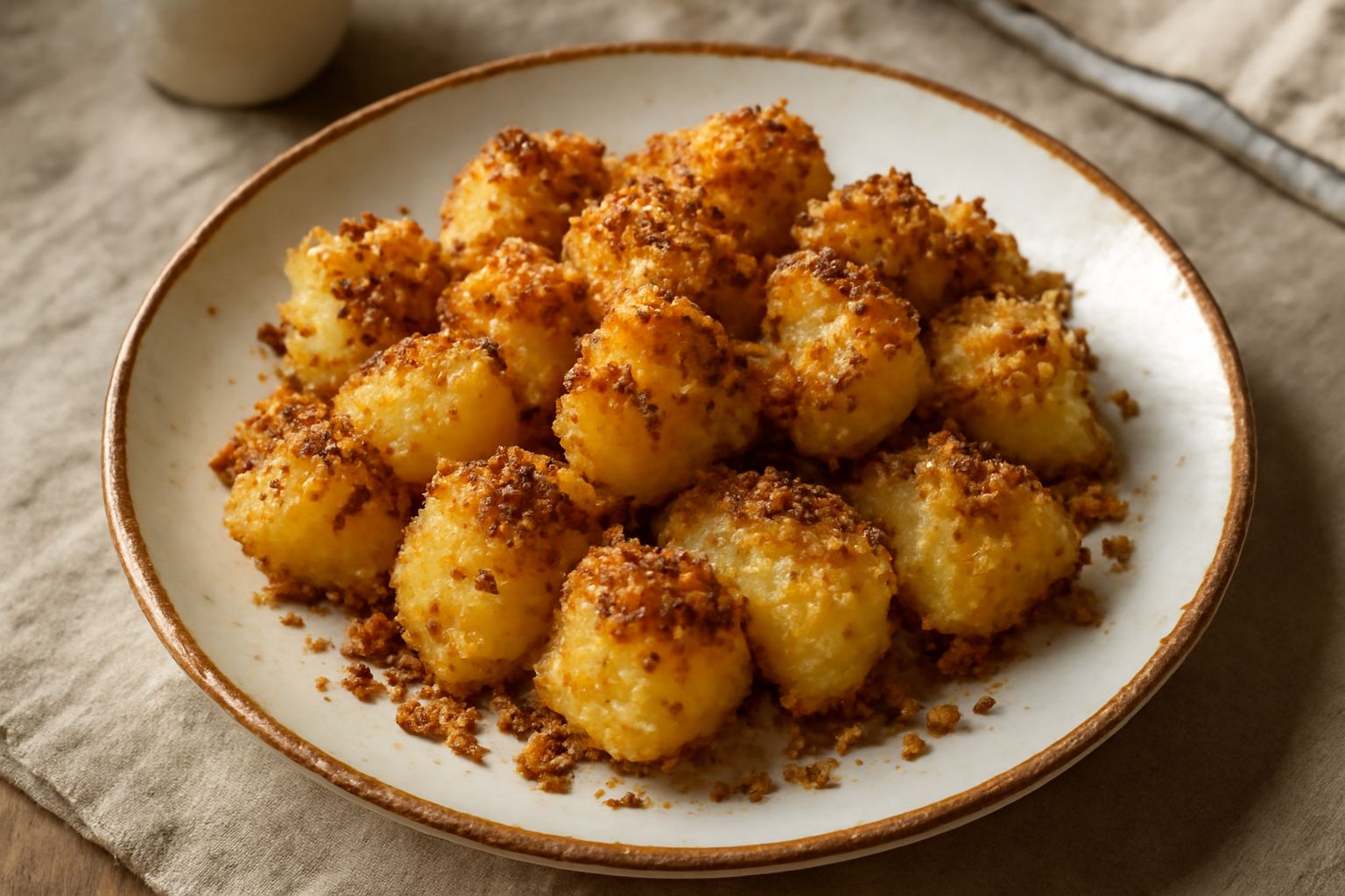 Patate tagliate a pezzi rivestite di pangrattato tostato e dorato, servite in un piatto bianco con prezzemolo fresco e olio d'oliva versato sopra