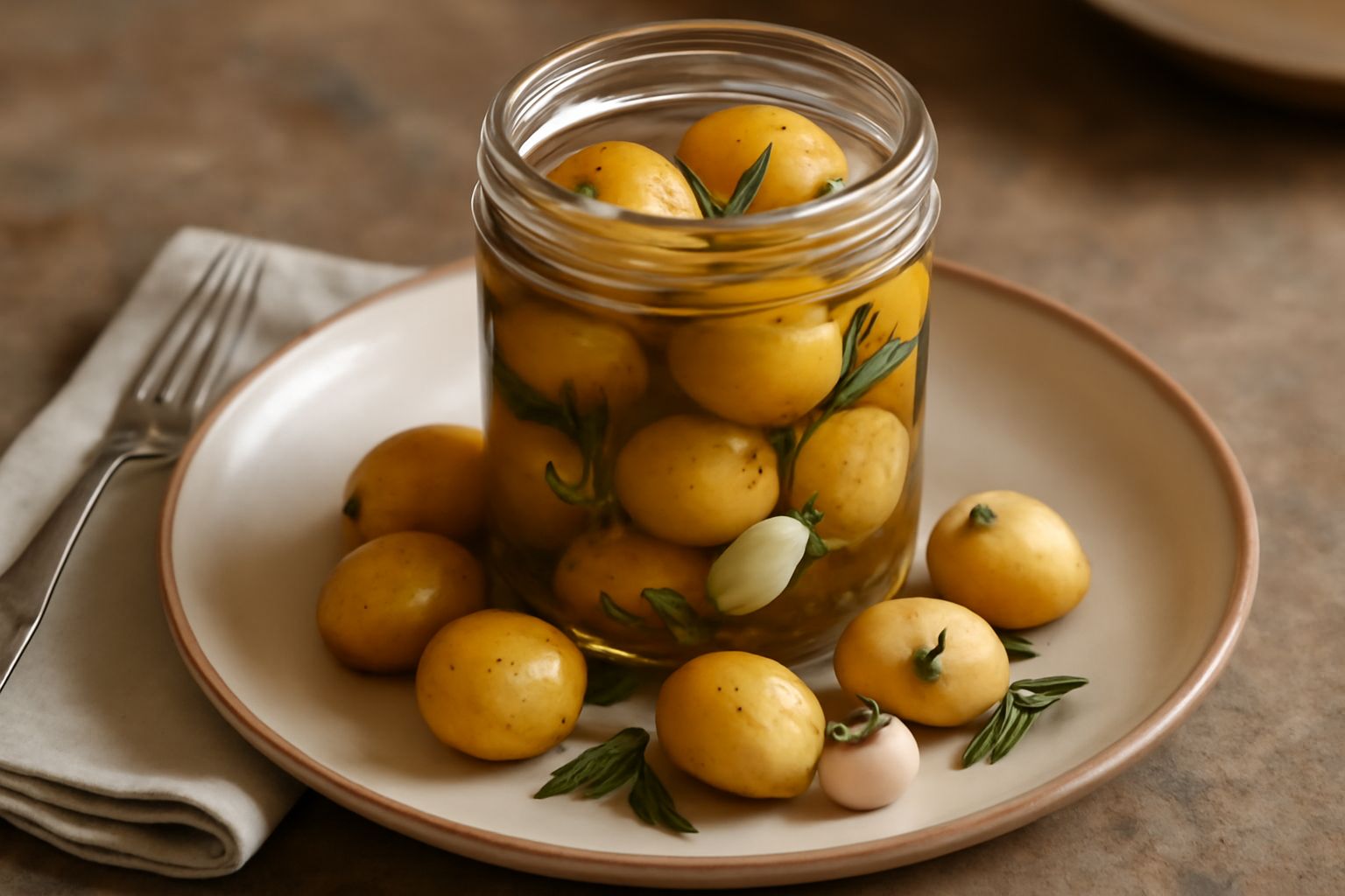 Vasetto di vetro con patate piccole dorate conservate sottaceto, visibili spezie e foglie di rosmarino, circondate da aglio spezzato e peperoncini rossi su sfondo bianco