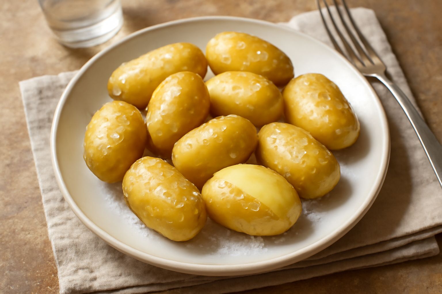 Patate bianche appena bollite in una pentola di acciaio con acqua salata fumante, una patata rotta a metà mostra la polpa cremosa interna