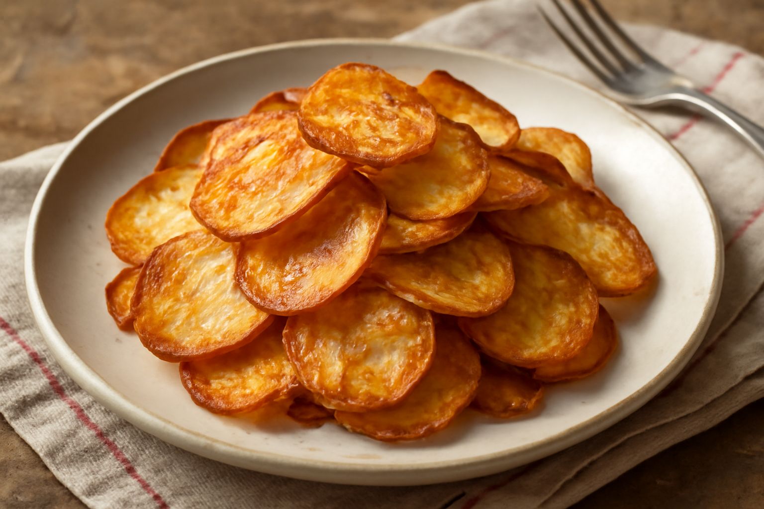 Patate tagliate a fette sottili, dorate e croccanti in una padella, con una leggera patina d'olio lucido, cotte fino al colore marrone chiaro, servite su un piatto bianco con sale grosso e prezzemolo 