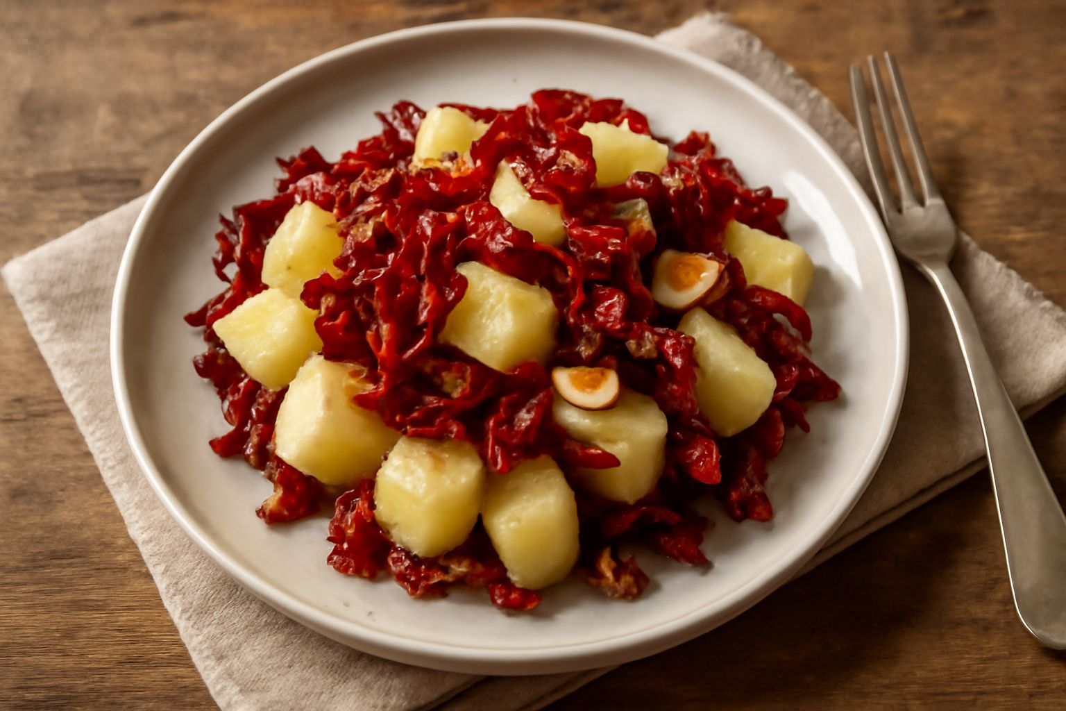 Piatto di patate cruschi con peperoni rosso scuro, patate bianche tagliate a dadini, aglio dorato e olio brillante, servito in scodella di terracotta con fondo bianco