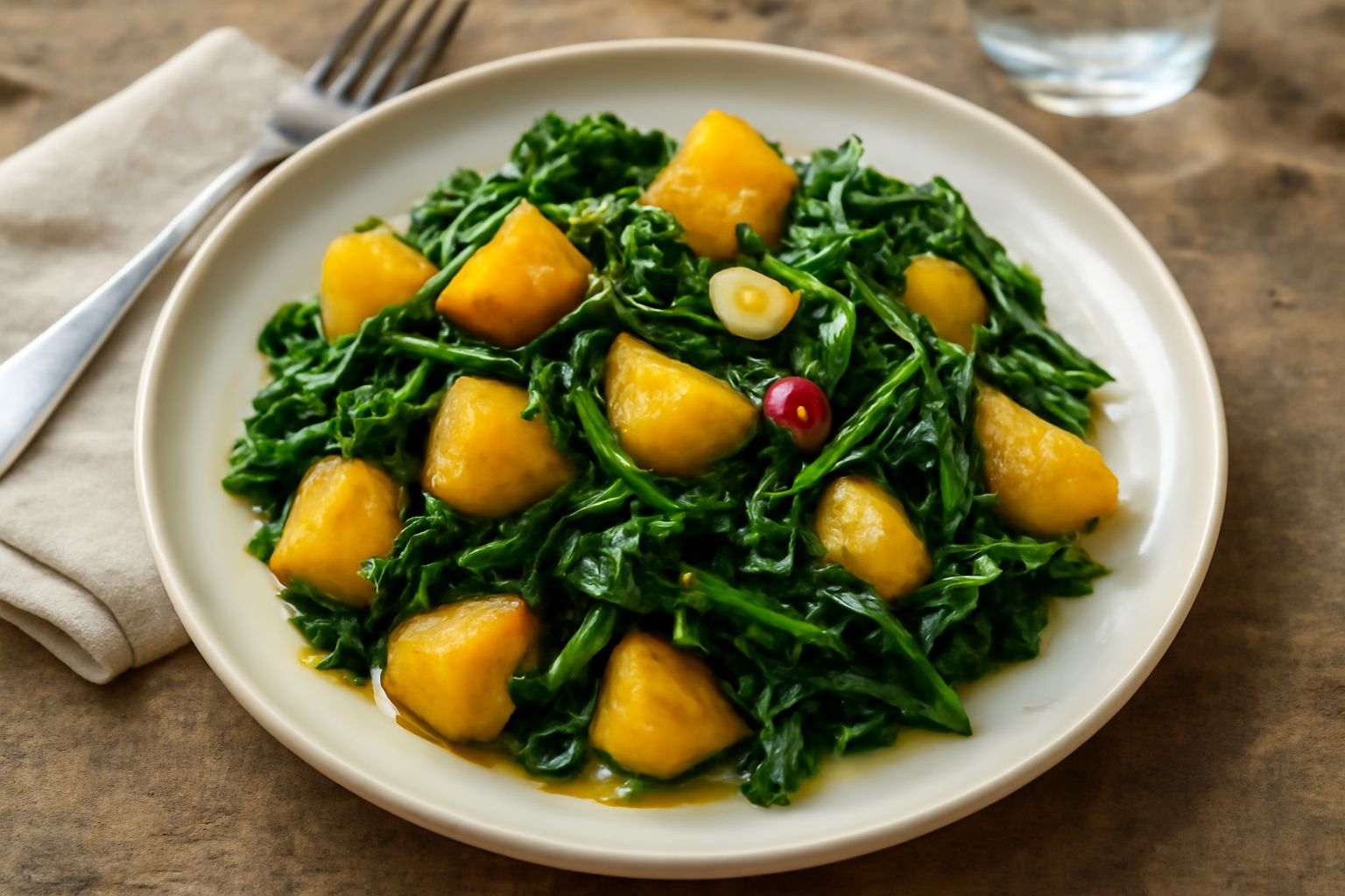Patate dorate tagliate a dadini e cicoria verde scuro ripassate in padella, ancora fumanti, con gocce d'olio lucente e spicchi d'aglio dorato, servite in un piatto bianco fondo