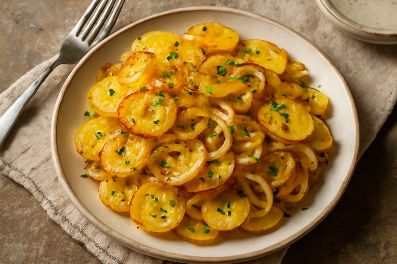 Patate tagliate a fette e cipolla dorata in una padella, leggermente croccanti ai bordi, con aglio e prezzemolo fresco sopra, ancora in fase di cottura su fuoco moderato
