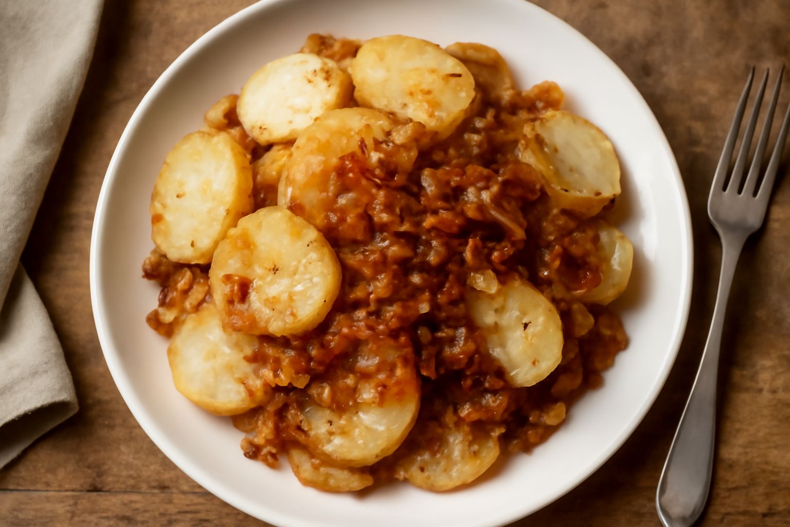 Patate tagliate a fette spesse e cipolle bianche caramellate in una padella di ferro, dorate e leggermente scure ai bordi, con patate color avorio al centro e cipolla trasparente color ambra