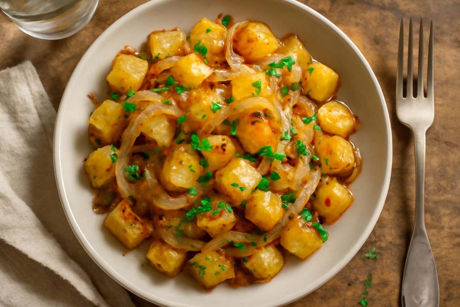 Patate e cipolle dorate e croccanti in una padella di ghisa, con cipolla caramellata trasparente, fettine di patata gialle e finiture di prezzemolo verde fresco sparso in superficie