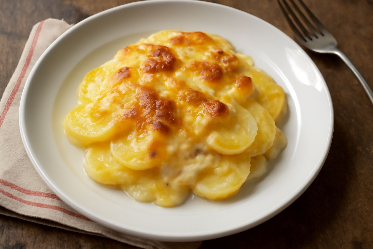 Piatto di patate gratinate con formaggio dorato in superficie, ancora fumante, con salsa cremosa visibile tra gli strati di patate tagliate sottili