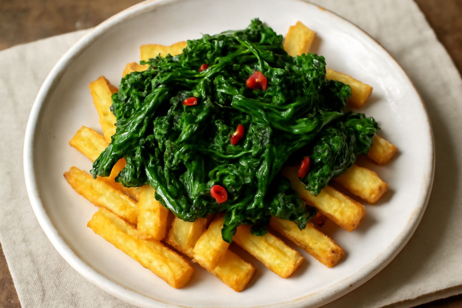 Piatto fondo con patate tagliate a bastoncini dorate e friarielli verdi scuri saltati, olio lucido in superficie, spicchi di aglio dorato, peperoncino rosso sparso sulla sommità, servito su stoviglia 