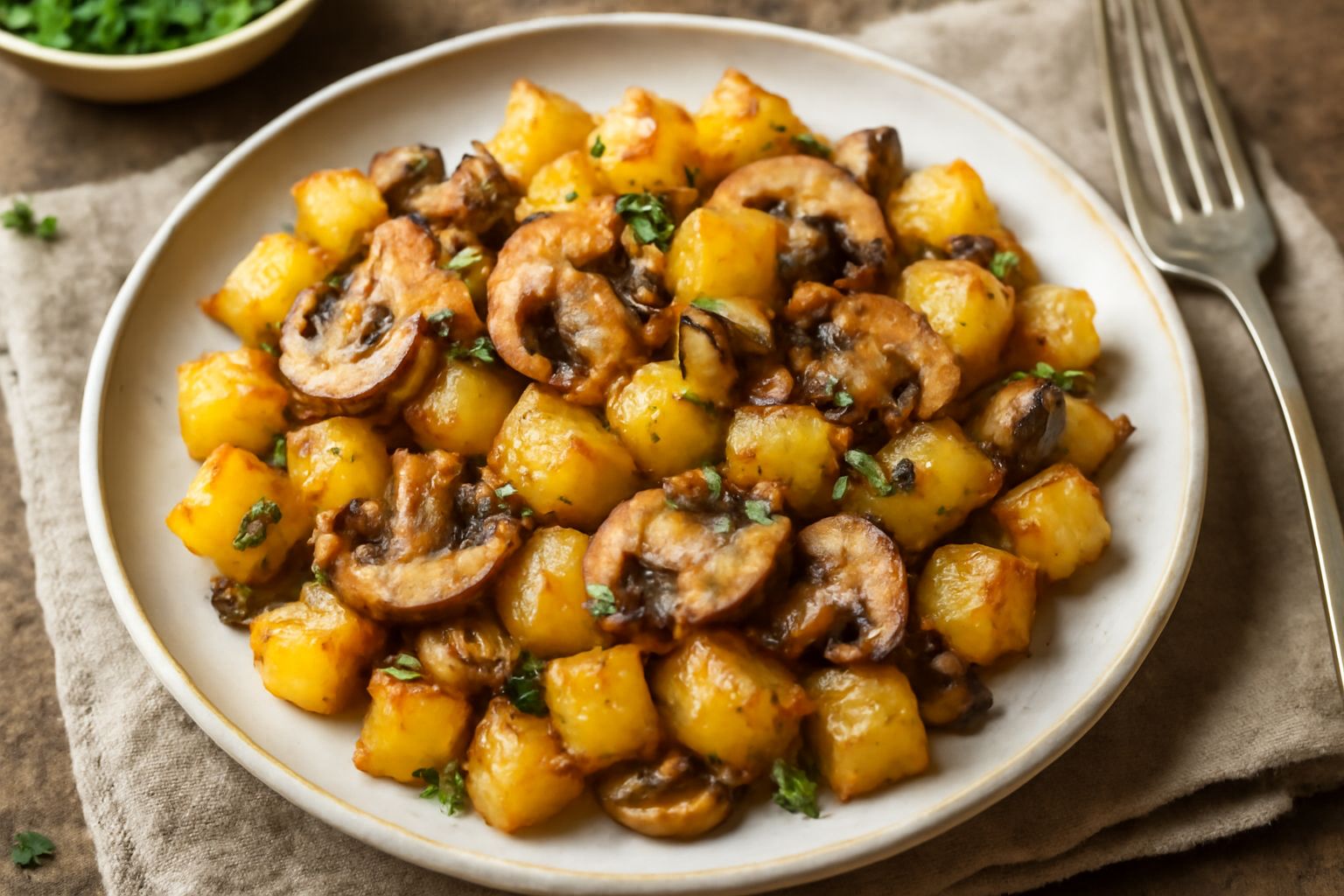Patate tagliate a dadini e funghi champignon affettati, dorati in padella, conditi con aglio e prezzemolo fresco, disposti in un piatto bianco