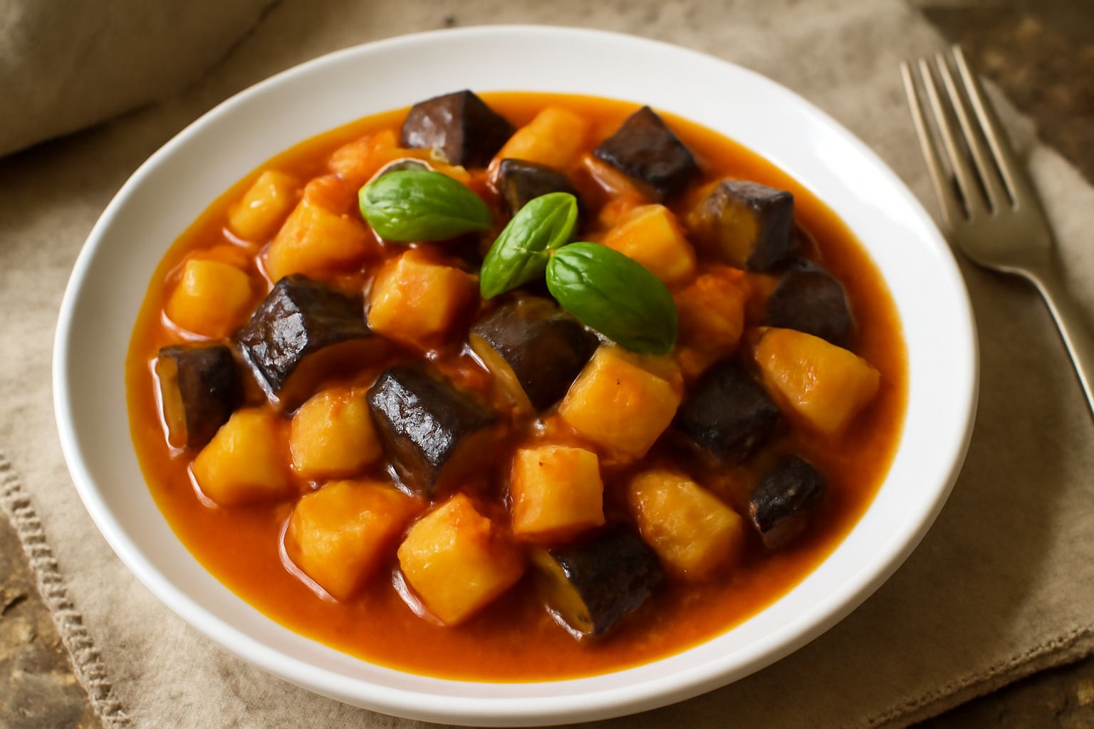 Patate e melanzane in umido servite in un piatto bianco fondo, con pezzi morbidi di melanzane viola e patate gialle immerse in sugo rosso di pomodoro, erba cipollina fresca sparsa sopra, contorno di p