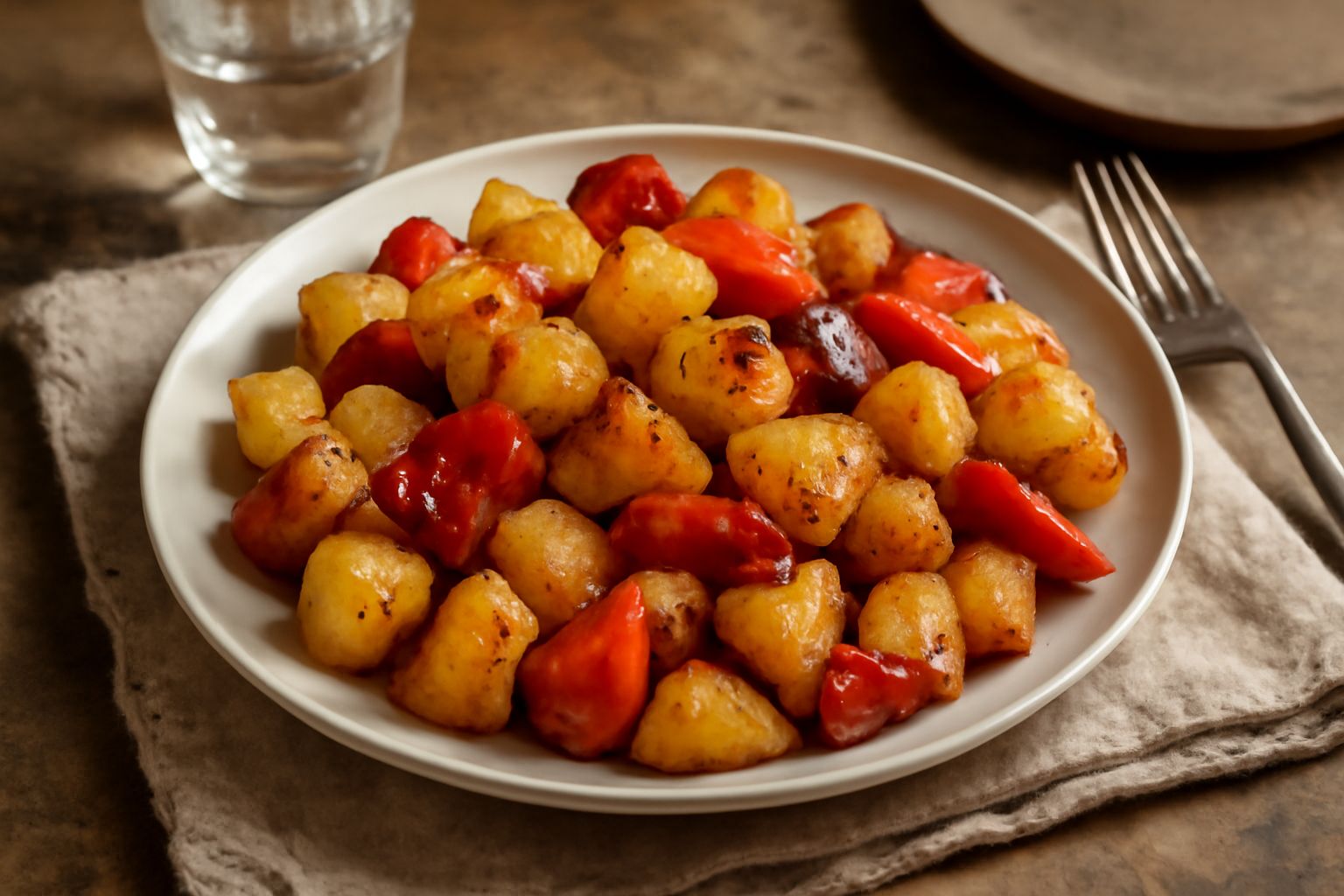 Patate tagliate a cubetti e peperoni rossi e gialli a strisce, cotti al forno su una teglia in ceramica. Superfici dorate e croccanti ai bordi, olio lucido, prezzemolo fresco verde sparso in superfici
