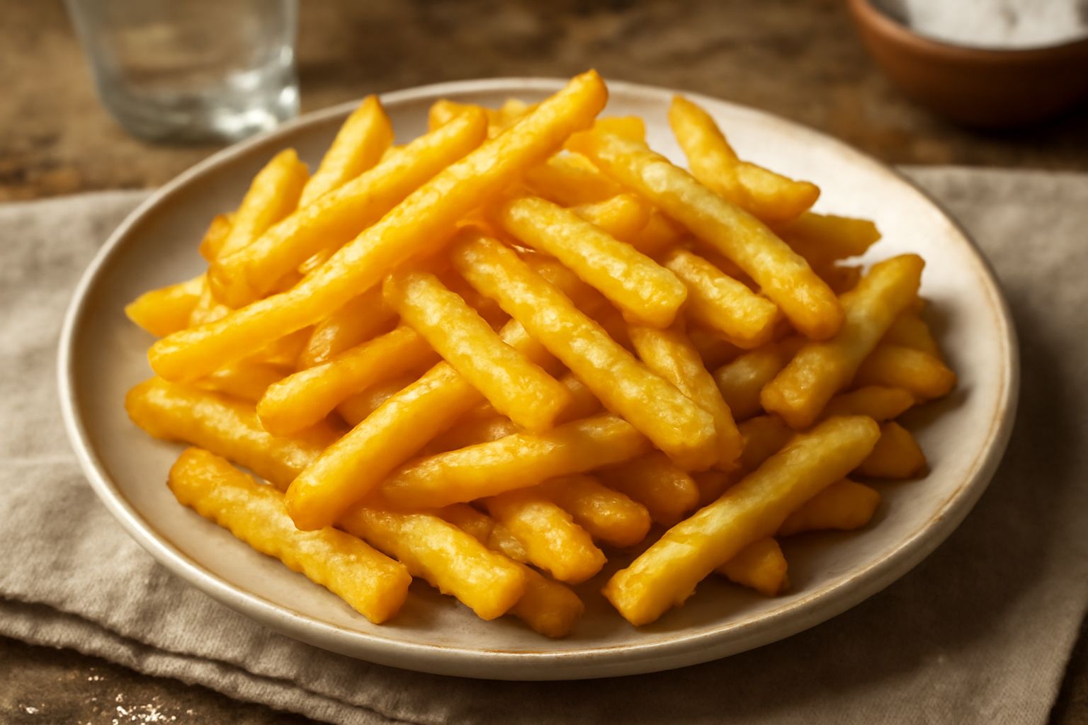 Patate fritte dorate e croccanti in una ciotola bianca, cosparse di sale grosso, vapore ancora visibile, su sfondo bianco