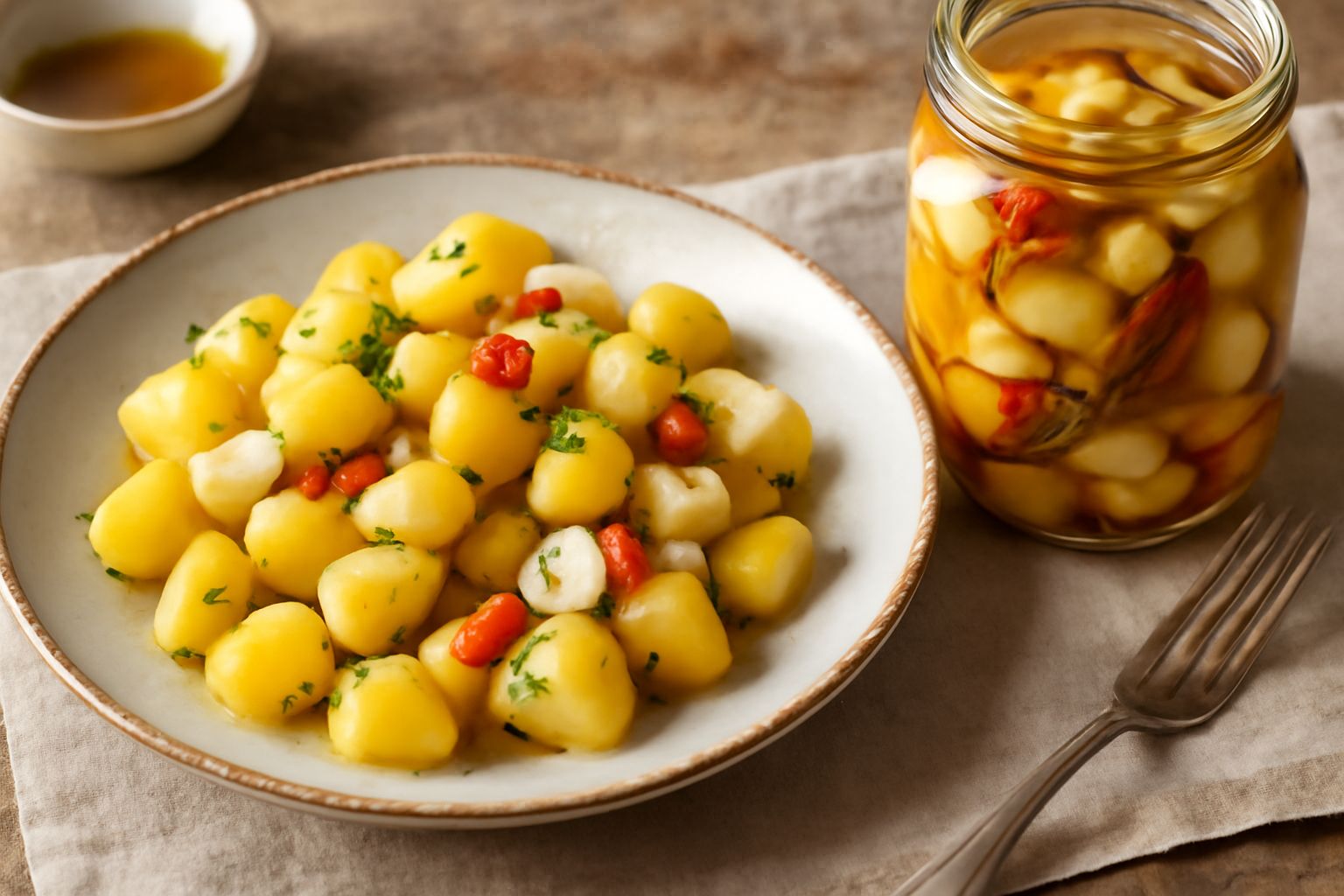 Vaso di vetro con patate piccole tagliate a pezzi in salamoia giallognola, peperoncini rossi, aglio e erbette verdi visibili nel liquido trasparente, sedute su un tavolo di legno chiaro
