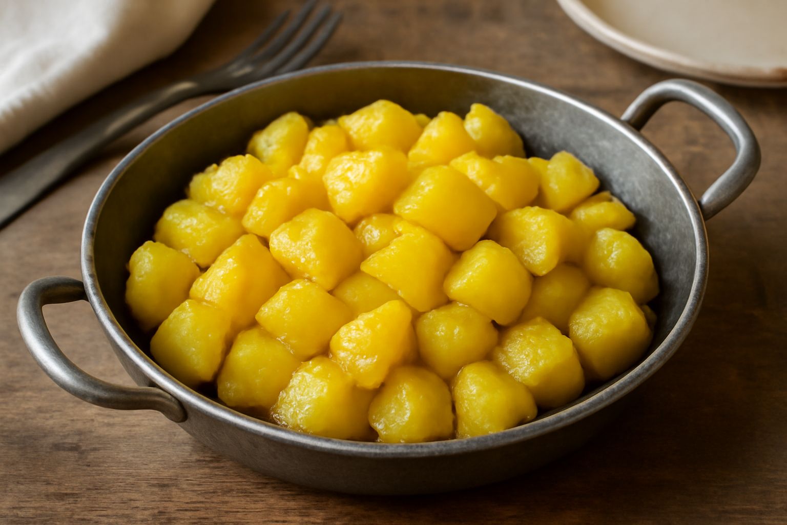 Patate dorate e morbide in tecia, tagliate a dadini irregolari, servite in una padella di ferro scuro con olio lucido visibile, una foglia di prezzemolo fresco sul bordo, fondo di cucina rustica sfuoc