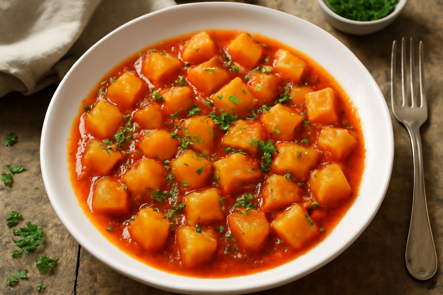 Ciotola di ceramica bianca colma di patate tagliate a dadi morbidi e dorati, insaporite in salsa di pomodoro rosso intenso, con cipolla caramellata e prezzemolo fresco verde, contorno nel piatto bianc