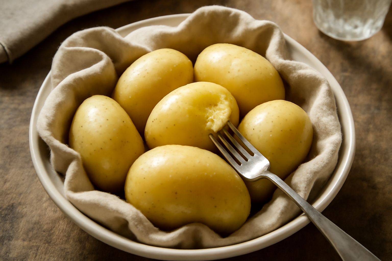 Patate gialle ancora intere e morbide in una ciotola bianca di ceramica, appena tirate dal brodo, vapore ancora visibile, buccia lucida e liscia