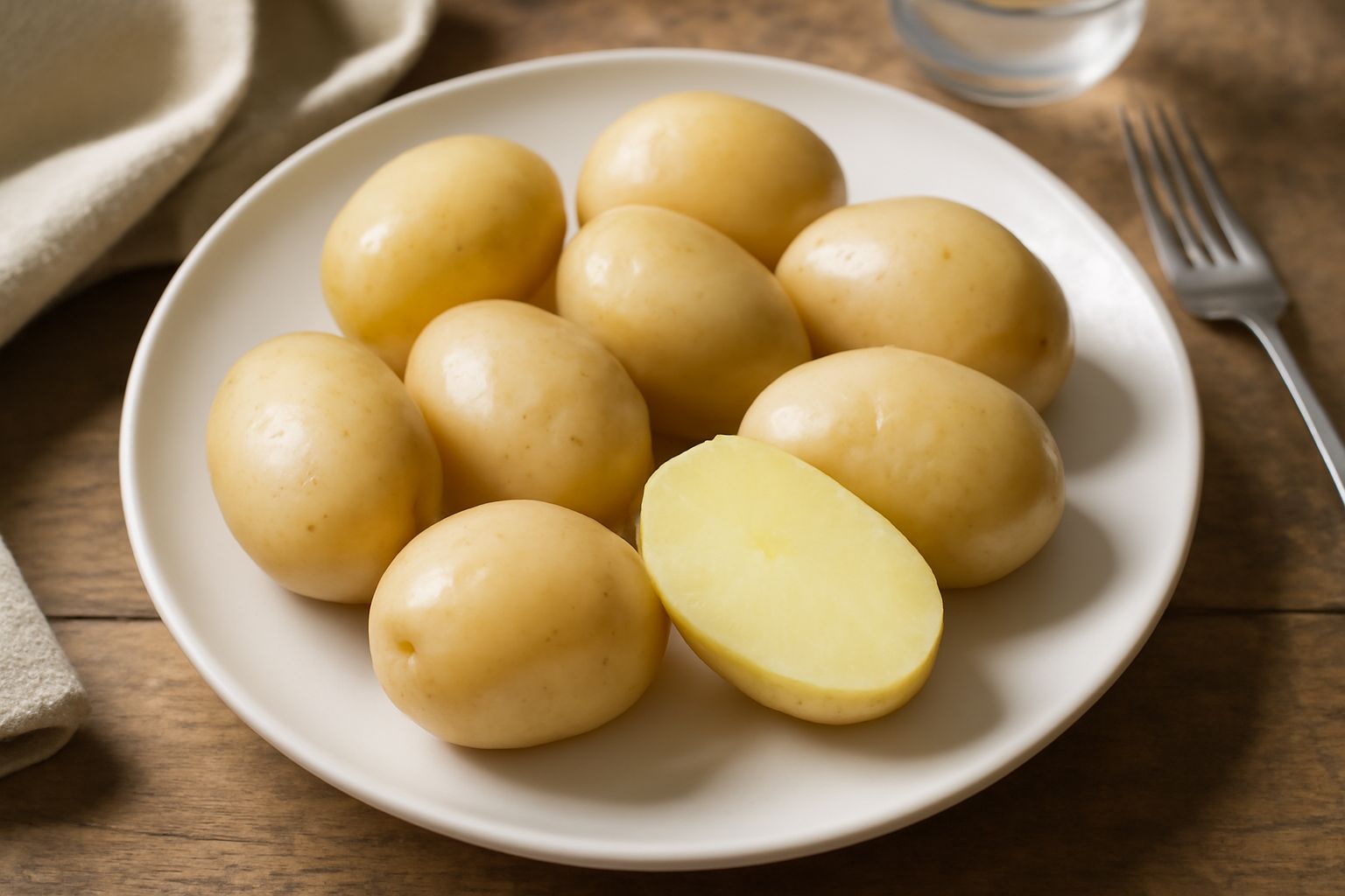 Patate lesse intere e ancora fumanti in una ciotola di ceramica bianca, con buccia integra e leggermente lucida, accanto a rami di prezzemolo fresco e uno spicchio d'aglio
