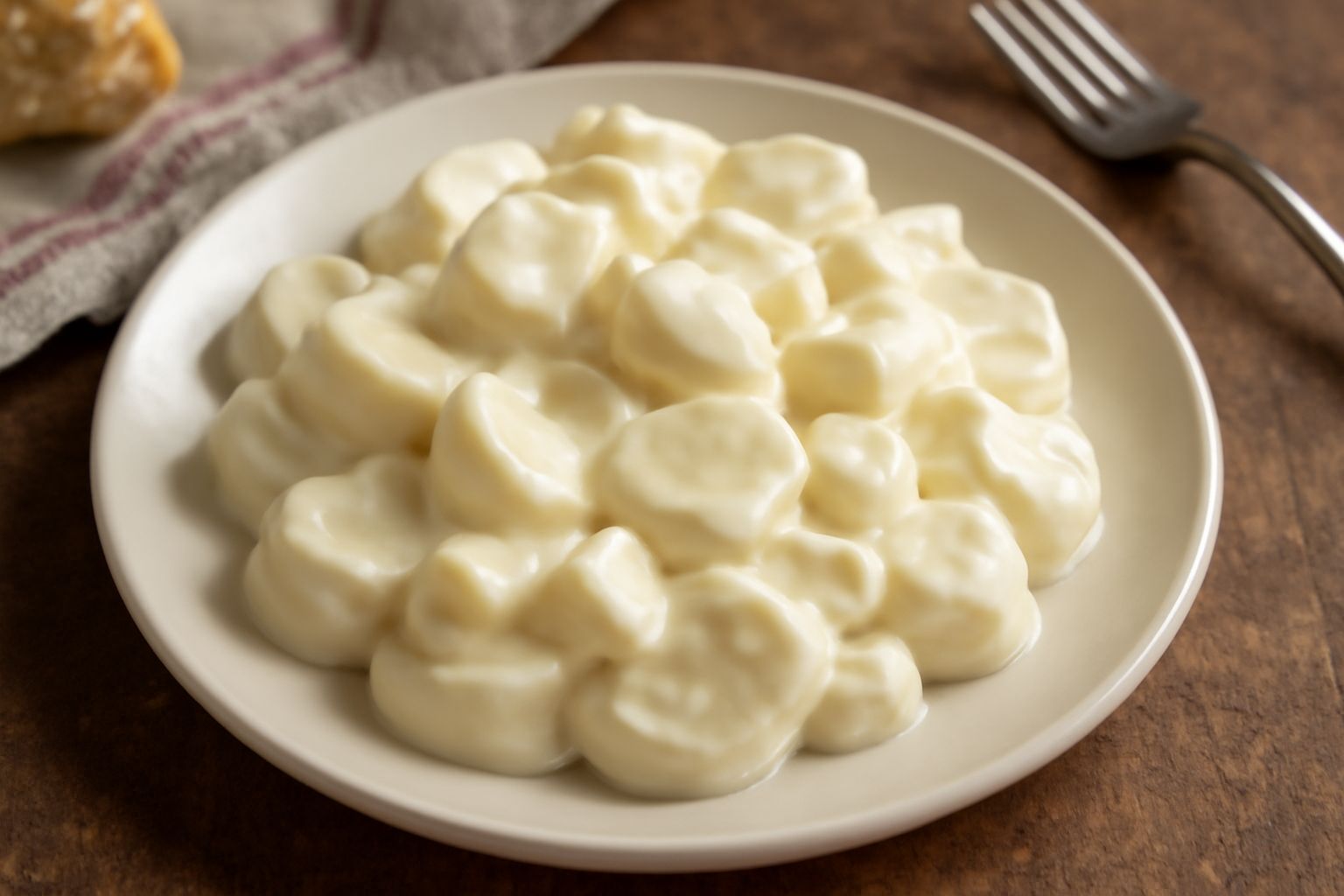 Patate lesse tagliate a rondelle e a dadini su un piatto bianco, ricoperte di maionese bianca e cremosa, cosparse di pepe nero macinato fresco e prezzemolo tritato.
