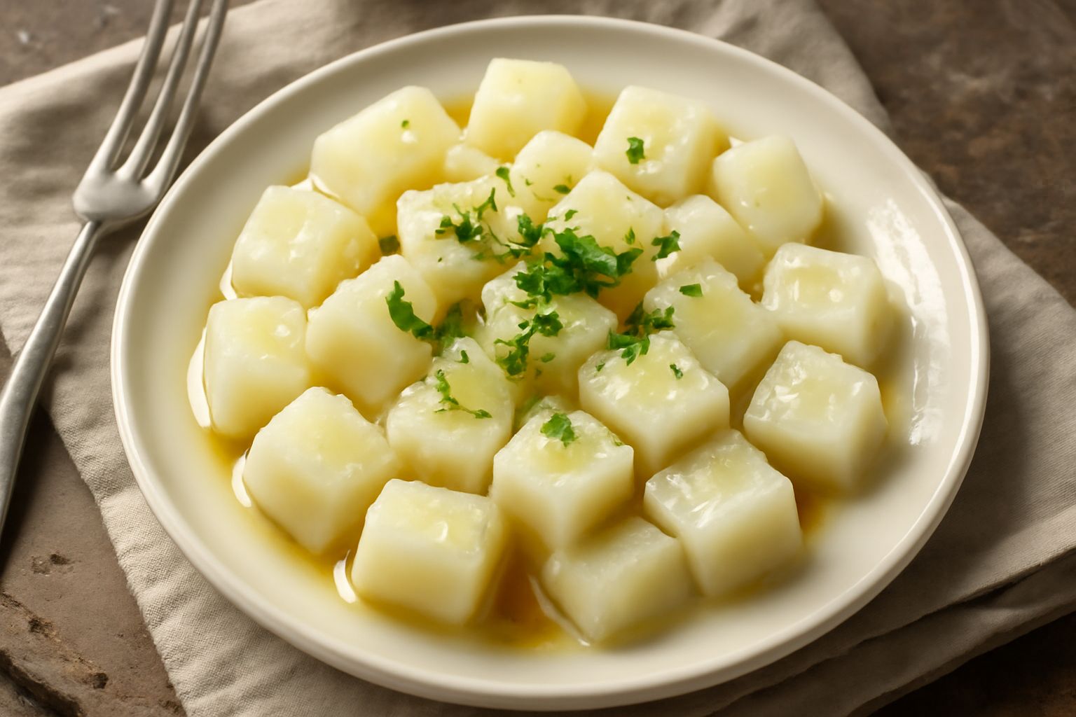 Patate lesse tagliate a dadini in un piatto bianco, condite con olio extravergine dorato e piccole gocce di aceto, guarnite con prezzemolo fresco tritato