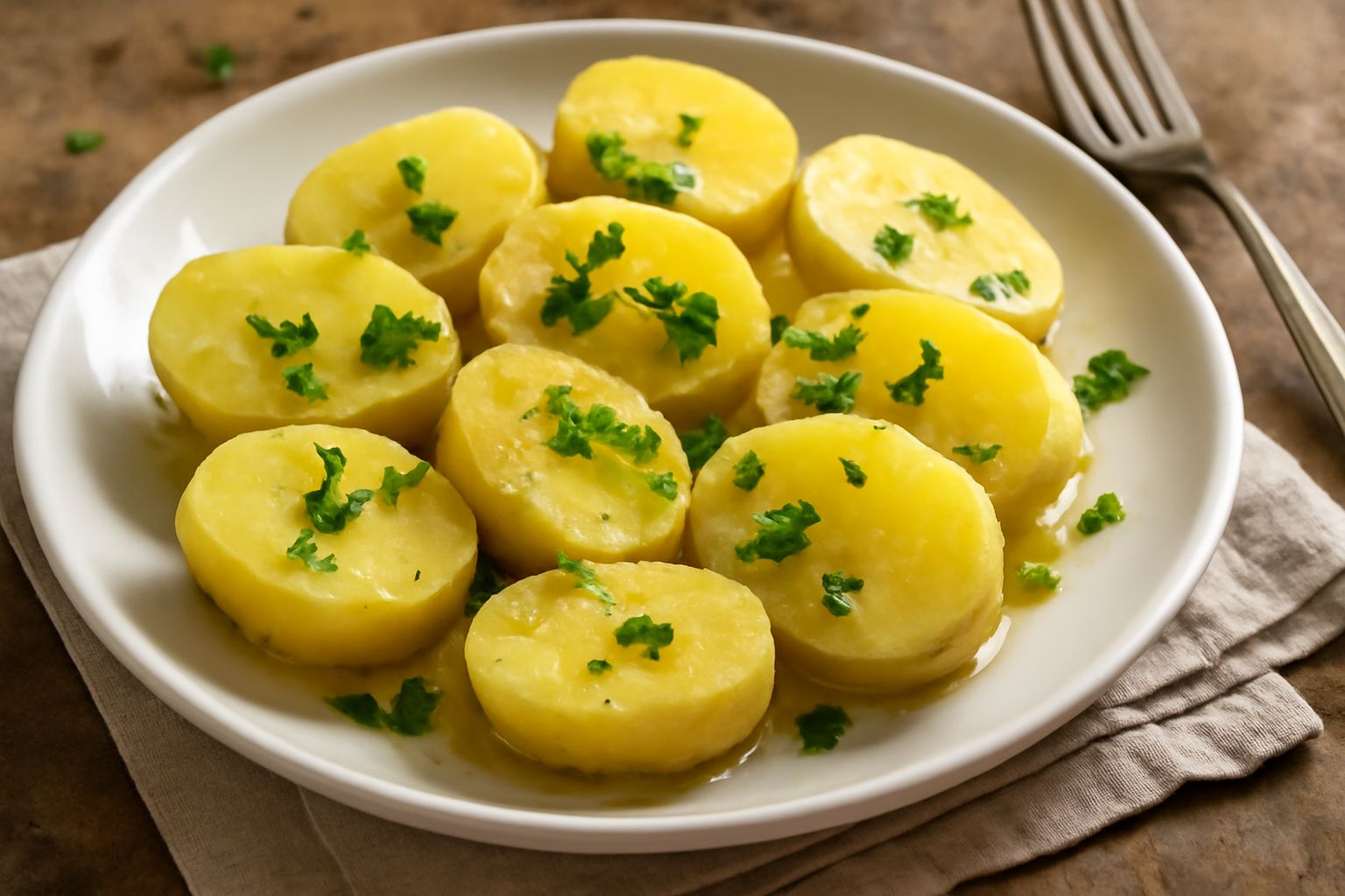 Patate gialle tagliate a metà, ancora calde, condite con olio d'oliva, prezzemolo fresco verde e sale, servite in un piatto bianco con limone a fette accanto