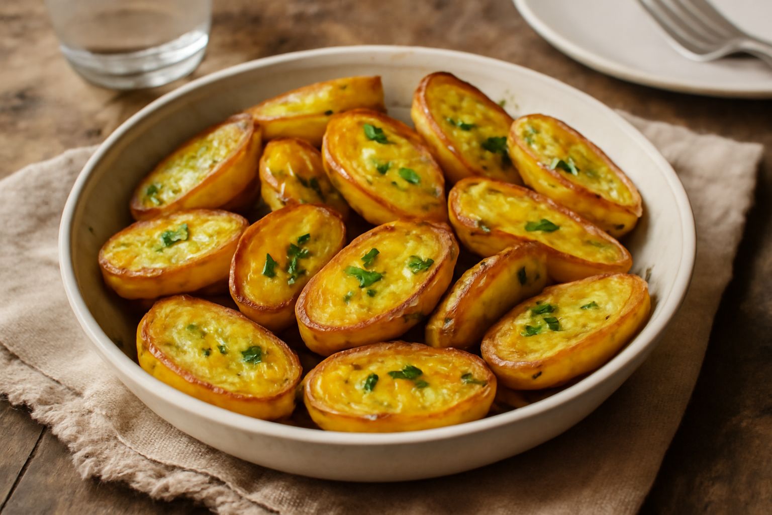 Patate novelle tagliate a metà, dorate e croccanti in una teglia da forno, condite con olio e sale marino grosso, con rosmarino fresco sulle spalle