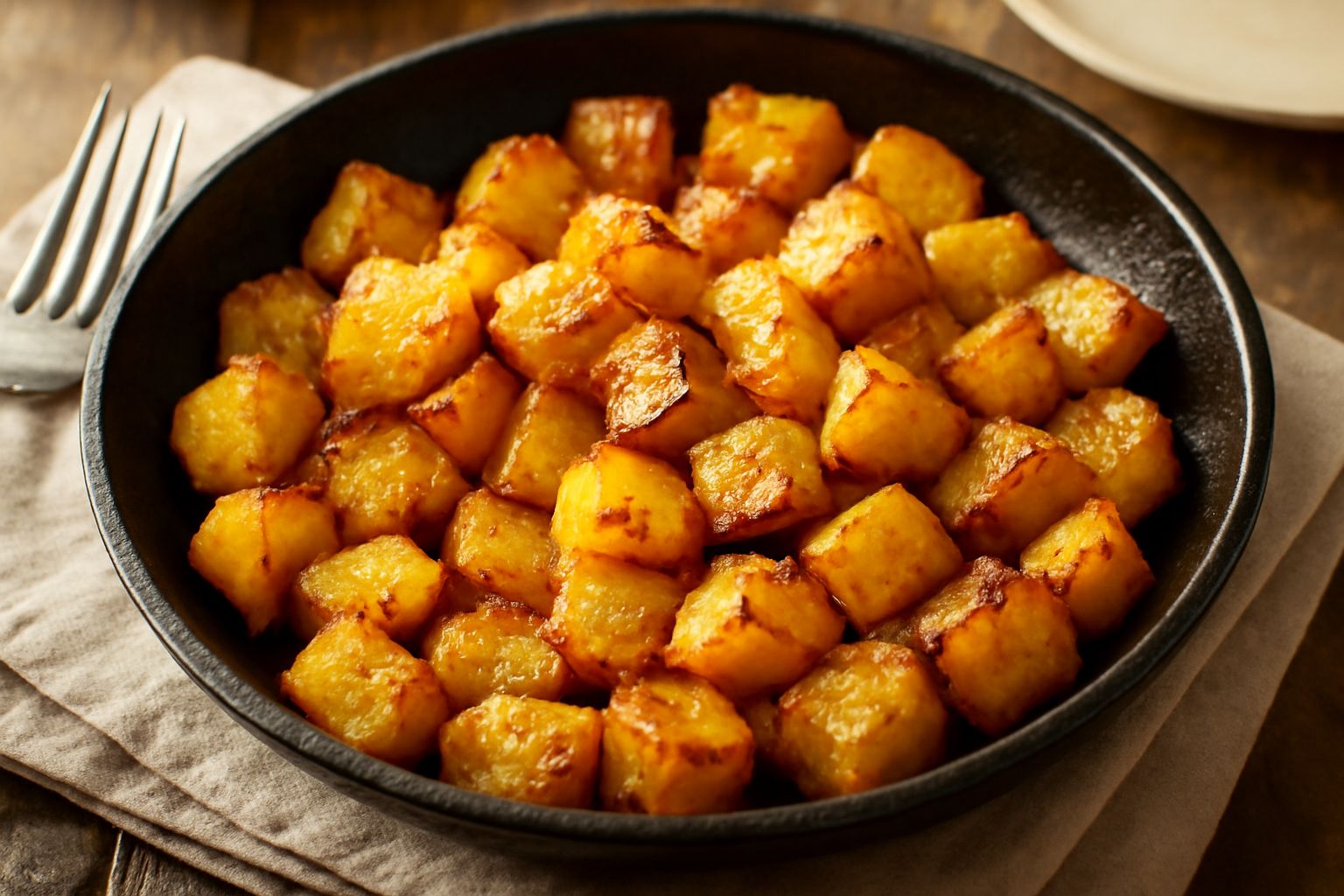 Patate rifatte dorate e croccanti in una padella di ferro, con cipolla caramellata e prezzemolo fresco spolverato, ancora fumanti e brillanti di olio