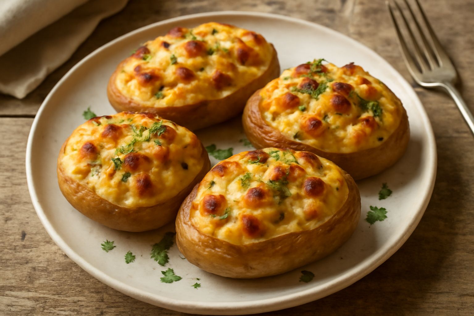 Patate ripiene dorate al forno in una pirofila di terracotta, metà tagliate per mostrare il ripieno di carne macinata e formaggio fuso all'interno
