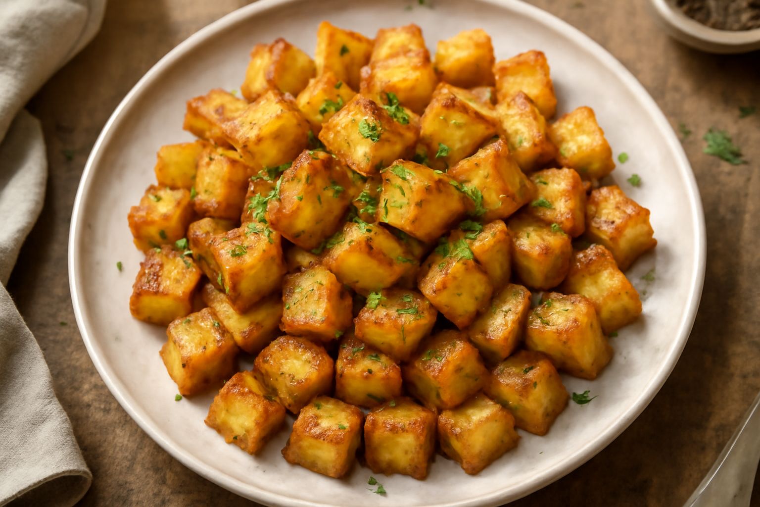 Patate tagliate a dadini, dorate e croccanti in una padella antiaderente, cosparse di prezzemolo fresco tritato, ancora fumanti dal calore della cottura
