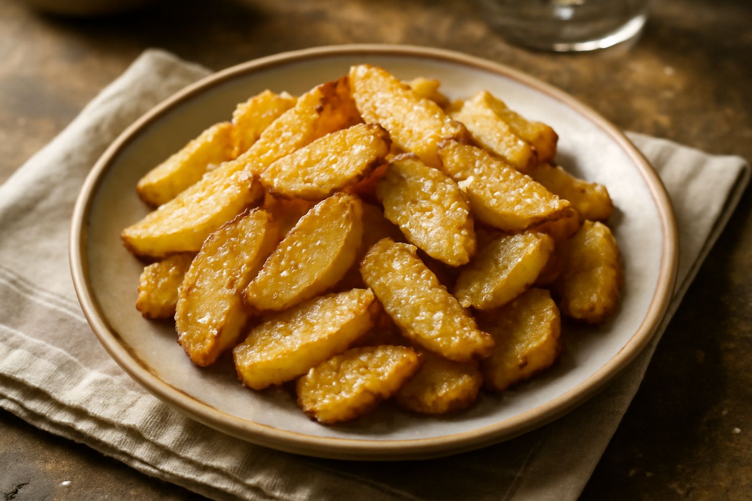 Patate salate dorate e croccanti disposte in una ciotola bianca, con cristalli di sale marino visibili sulla superficie, su un piano di marmo grigio con accanto spighe di grano e un asciugamano di lin