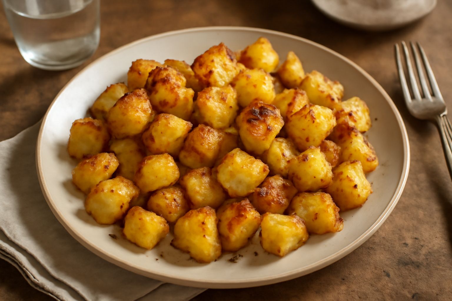 Patate tagliate a cubetti dorati e croccanti in una padella di acciaio, con buccia rosata visibile, frammiste a rosmarino fresco e sale grosso