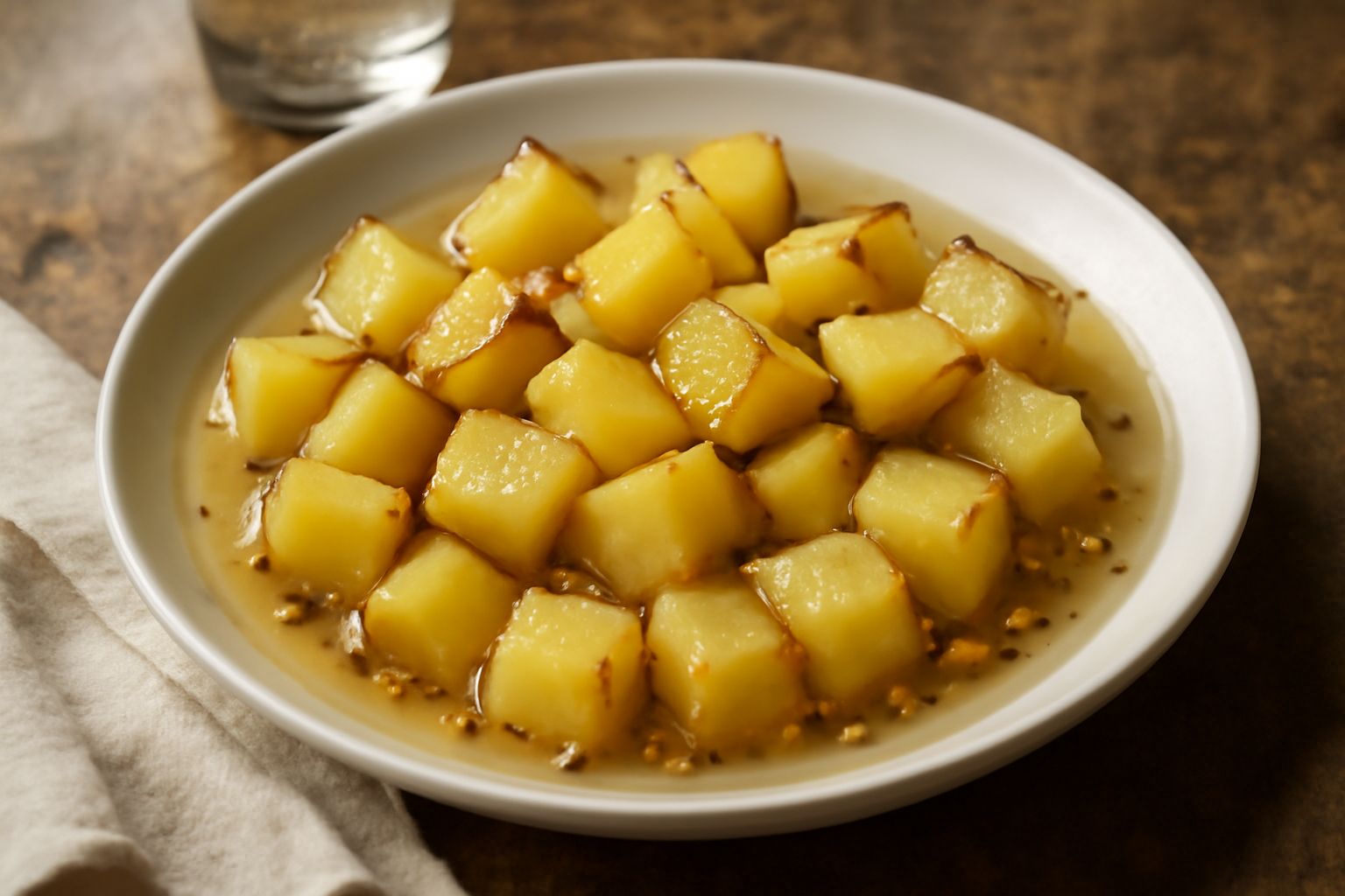 Patate gialle tagliate a dadini, immerse in un liquido trasparente acido con aceto e spezie, in un barattolo di vetro trasparente con spruzzate di aneto fresco verde