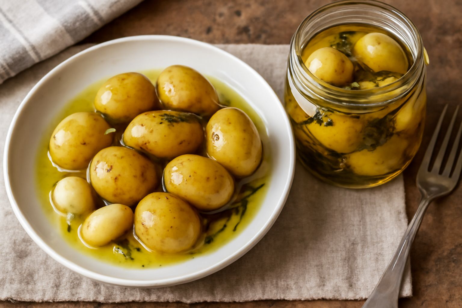 Patate sott'olio in un vaso di vetro trasparente, patate gialle intere immerse in olio dorato con aglio intero e peperoncino rosso visibile, su uno sfondo di tavolo di legno chiaro con una pagnotta di