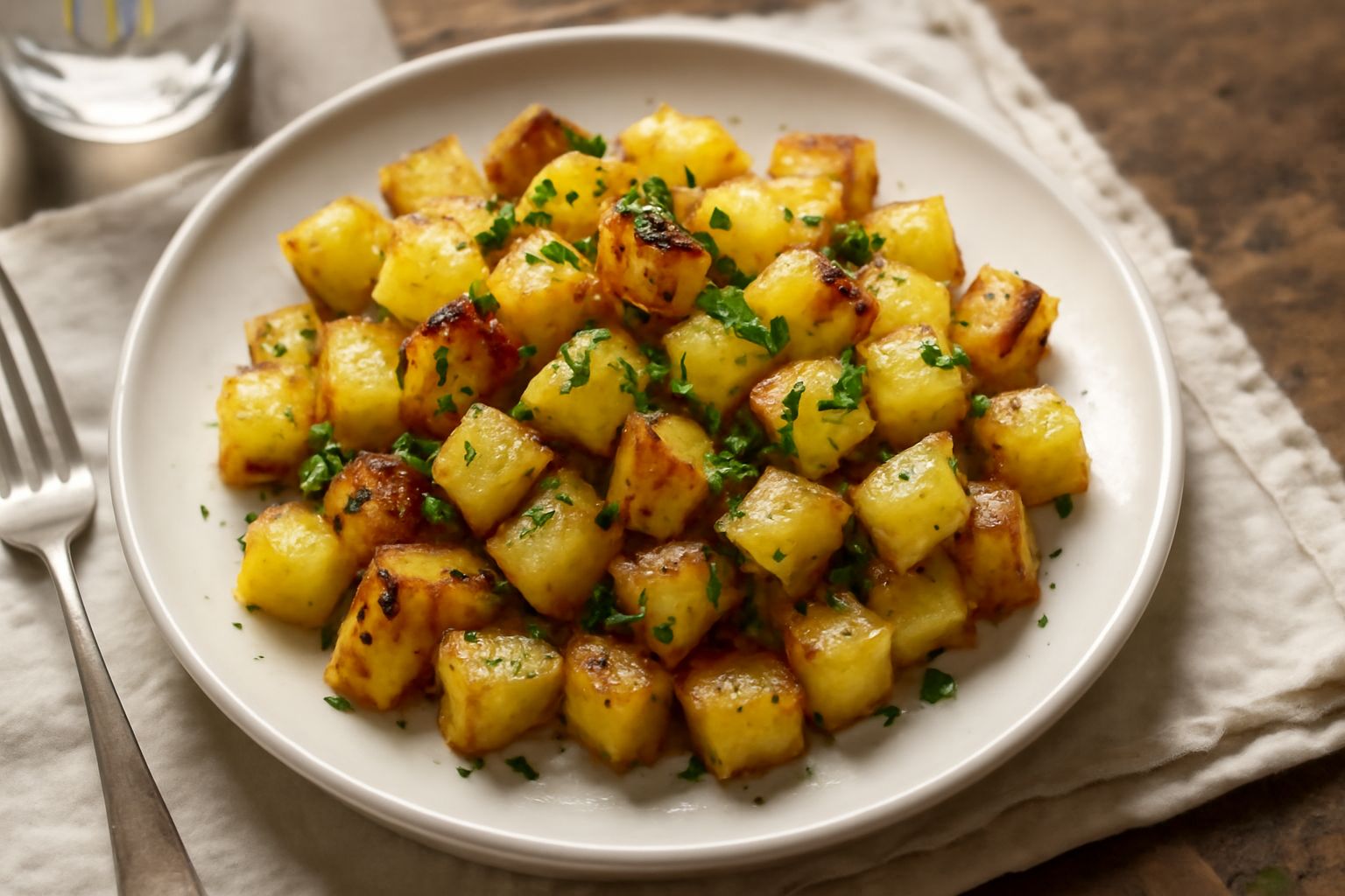 Patate trifolate in un piatto bianco con bordo grigio, dadini dorati e croccanti ai bordi, prezzemolo fresco verde sopra, aglio visibile tra i pezzi, servite ancora fumanti
