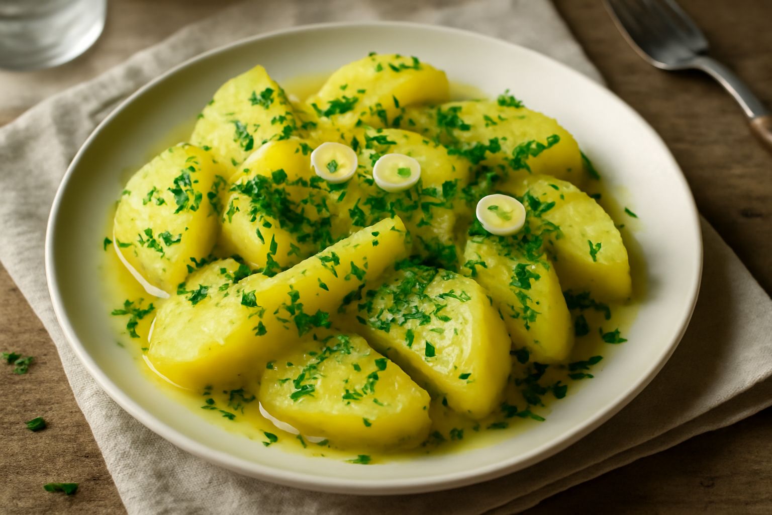 Ciotola bianca con patatelle gialle lessate tagliate a metà, condite con olio verde, prezzemolo fresco tritato e spicchi d'aglio sottile, vapore ancora visibile