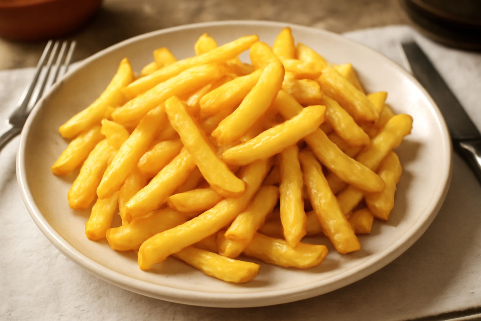 Patatine fritte dorate e croccanti in una ciotola bianca con sale grosso, sfondo neutro