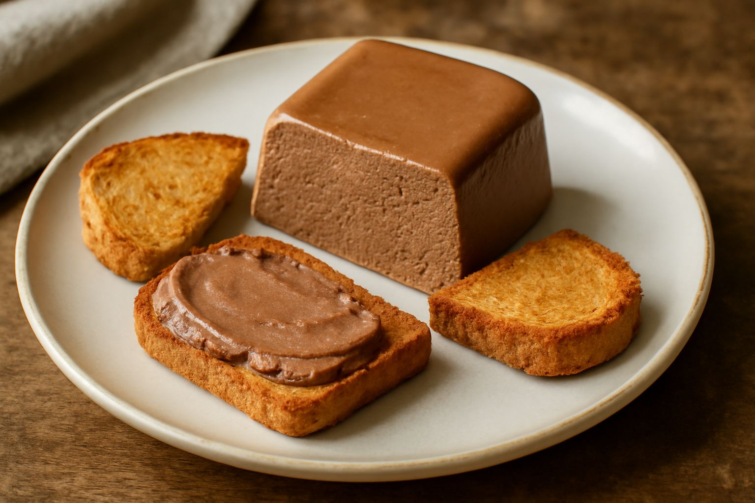 Patè di fegato grasso color marrone cioccolato, cremoso e brillante, servito in una ciotola di ceramica bianca con un coltellino di burro accanto e fette di pane tostato sul bordo del piatto