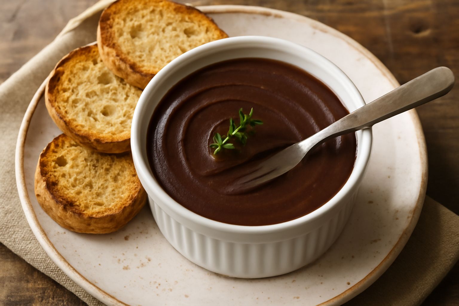 Paté di lepre marrone scuro e cremoso in una terrina di ceramica bianca, guarnito con un rametto di timo fresco, accompagnato da fette di pane tostato croccante e un coltello da burro d'argento